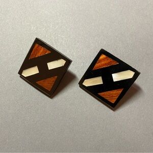 Vintage black wood shell modern geometric inlay clip earrings